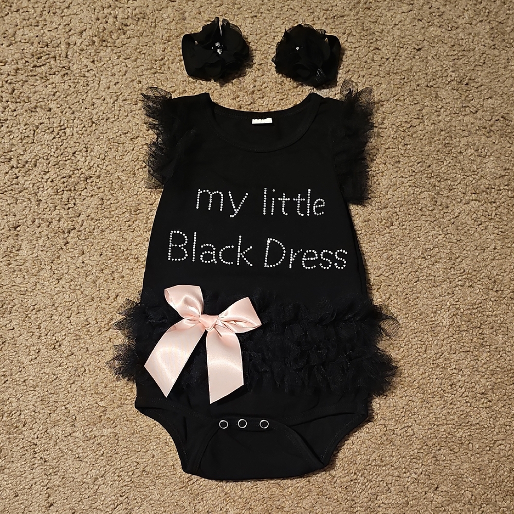 Black Baby Onesie with Pink Bow and Headbands
